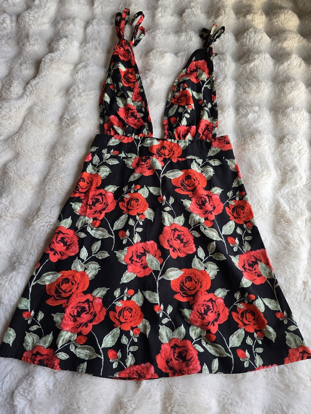 Red Rose Plunge Tie-Strap Mini Dress